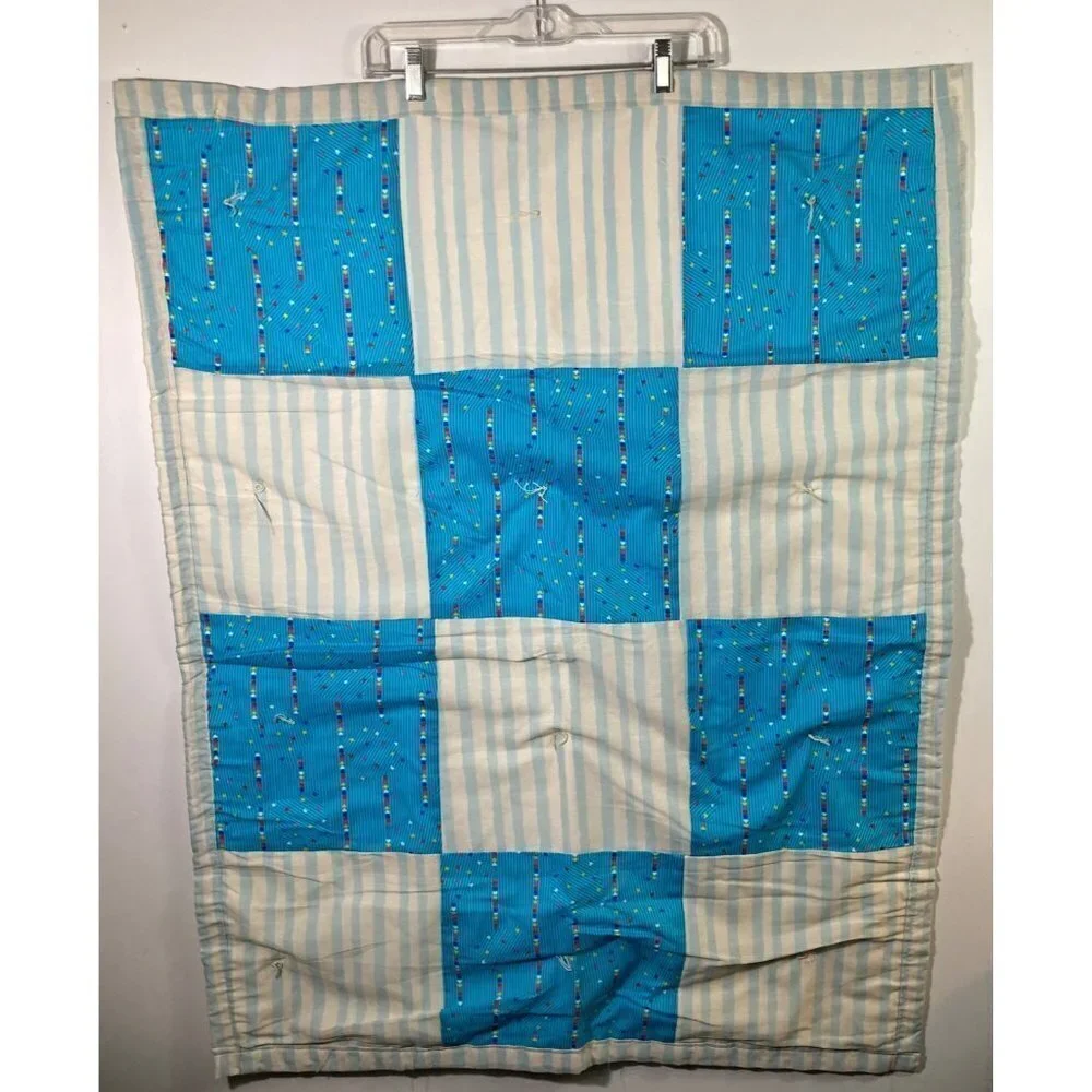 Handmade Hand Tied Baby Quilt Large Squares Stripes & Hearts‎ Blue 34 x 43